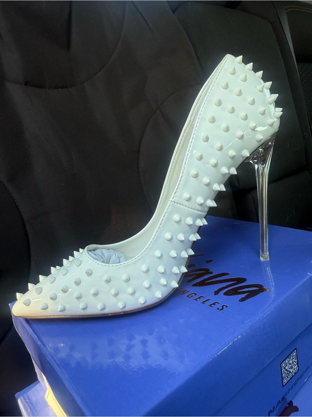 White Spiked Pointed-Toe Stiletto Heels